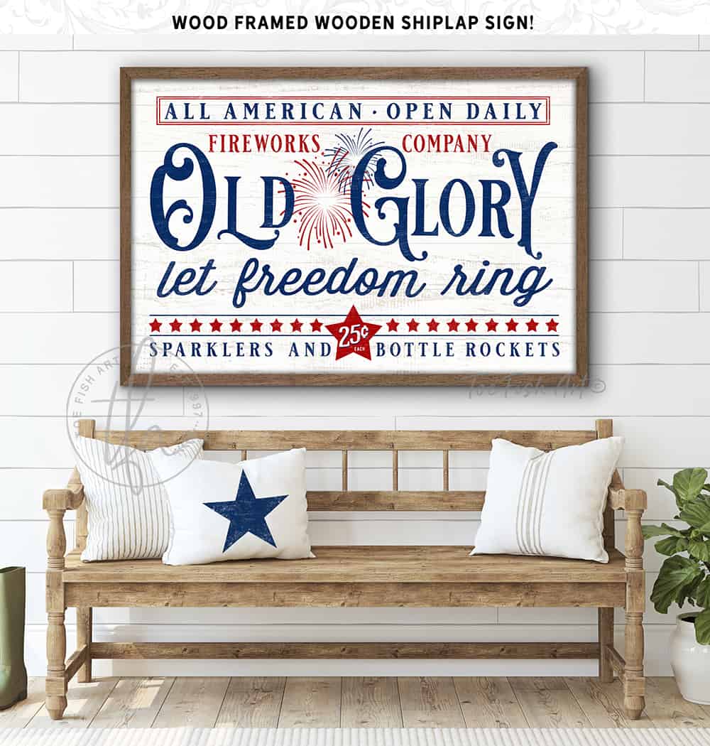 Toe Fish Art Old Glory Fireworks Let Freedom Ring 4th of July Sign Vintage Fourth Of July Decor handmade by ToeFishArt. Original, custom, personalized wall decor signs. Canvas, Wood or Metal. Rustic modern farmhouse, cottagecore, vintage, retro, industrial, Americana, primitive, country, coastal, minimalist.