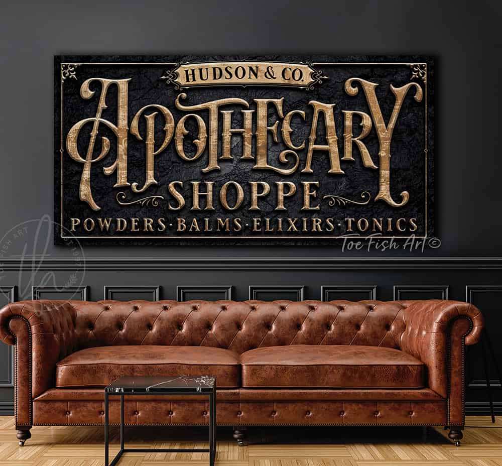 Apothecary Personalized Custom Sign wall art handmade by ToeFishArt. Original, custom, personalized wall decor signs. Canvas, Wood or Metal. Rustic modern farmhouse, cottagecore, vintage, retro, industrial, Americana, primitive, country, coastal, minimalist.
