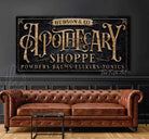 Apothecary Personalized Custom Sign wall art handmade by ToeFishArt. Original, custom, personalized wall decor signs. Canvas, Wood or Metal. Rustic modern farmhouse, cottagecore, vintage, retro, industrial, Americana, primitive, country, coastal, minimalist.