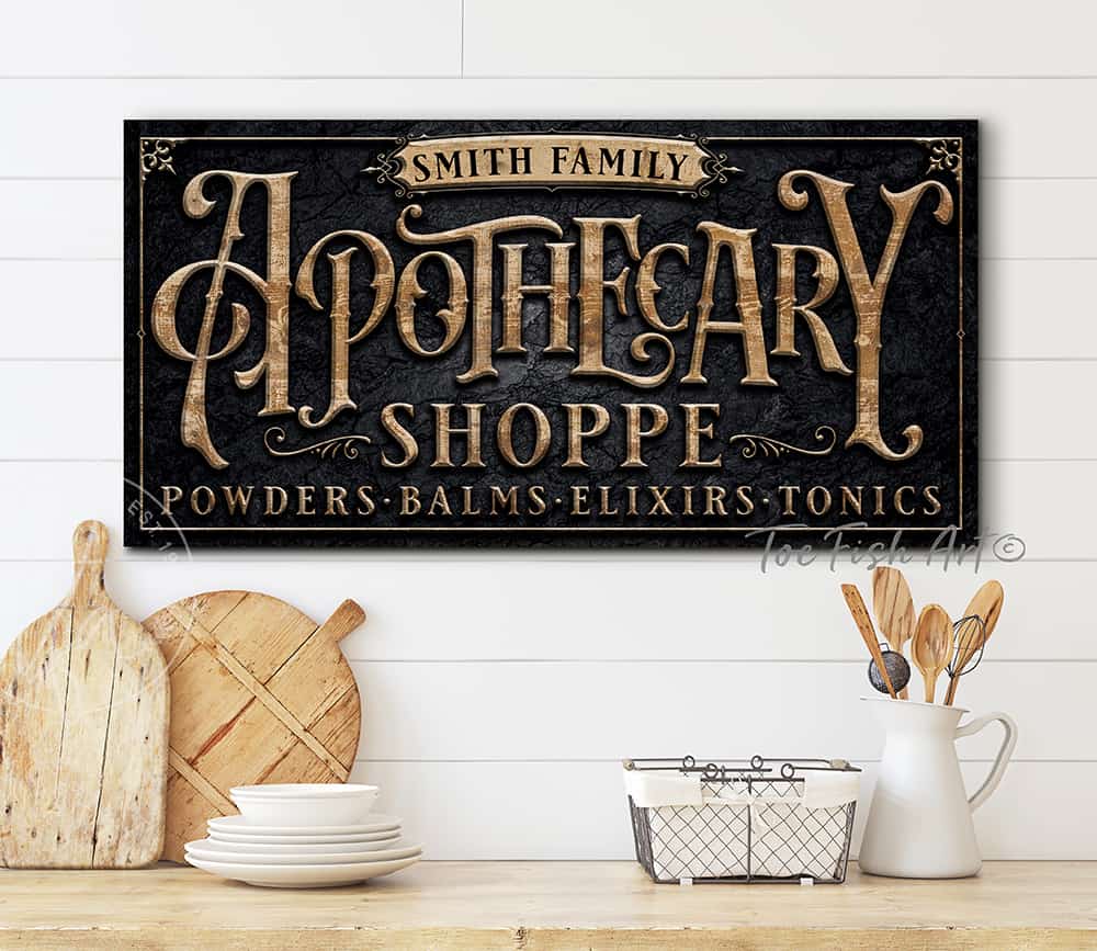 Apothecary Personalized Custom Sign wall art handmade by ToeFishArt. Original, custom, personalized wall decor signs. Canvas, Wood or Metal. Rustic modern farmhouse, cottagecore, vintage, retro, industrial, Americana, primitive, country, coastal, minimalist.