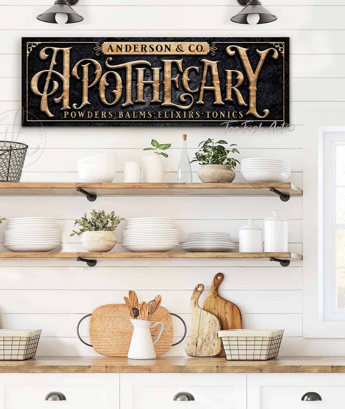 Apothecary Personalized Custom Sign wall art handmade by ToeFishArt. Original, custom, personalized wall decor signs. Canvas, Wood or Metal. Rustic modern farmhouse, cottagecore, vintage, retro, industrial, Americana, primitive, country, coastal, minimalist.