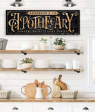 Apothecary Personalized Custom Sign wall art handmade by ToeFishArt. Original, custom, personalized wall decor signs. Canvas, Wood or Metal. Rustic modern farmhouse, cottagecore, vintage, retro, industrial, Americana, primitive, country, coastal, minimalist.