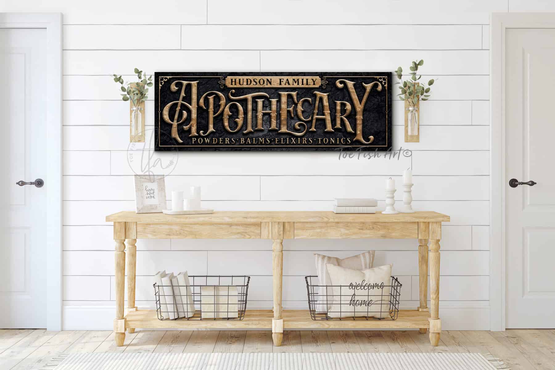 Apothecary Personalized Custom Sign wall art handmade by ToeFishArt. Original, custom, personalized wall decor signs. Canvas, Wood or Metal. Rustic modern farmhouse, cottagecore, vintage, retro, industrial, Americana, primitive, country, coastal, minimalist.