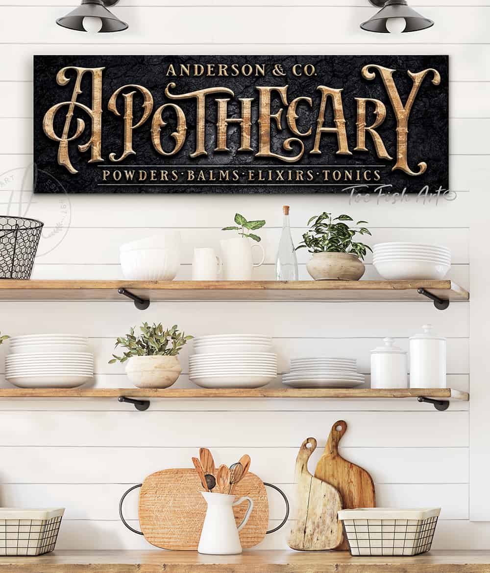Apothecary Personalized Custom Sign wall art handmade by ToeFishArt. Original, custom, personalized wall decor signs. Canvas, Wood or Metal. Rustic modern farmhouse, cottagecore, vintage, retro, industrial, Americana, primitive, country, coastal, minimalist.