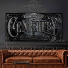 Cemetery Personalize-able Custom Halloween Home Decor Canvas or Outdoor Metal Sign handmade by ToeFishArt. Original, custom, personalized wall decor signs. Canvas, Wood or Metal. Rustic modern farmhouse, cottagecore, vintage, retro, industrial, Americana, primitive, country, coastal, minimalist.