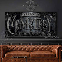 Cemetery Personalize-able Custom Halloween Home Decor Canvas or Outdoor Metal Sign handmade by ToeFishArt. Original, custom, personalized wall decor signs. Canvas, Wood or Metal. Rustic modern farmhouse, cottagecore, vintage, retro, industrial, Americana, primitive, country, coastal, minimalist.