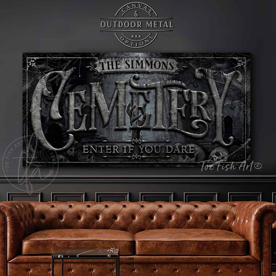 Cemetery Personalize-able Custom Halloween Home Decor Canvas or Outdoor Metal Sign handmade by ToeFishArt. Original, custom, personalized wall decor signs. Canvas, Wood or Metal. Rustic modern farmhouse, cottagecore, vintage, retro, industrial, Americana, primitive, country, coastal, minimalist.