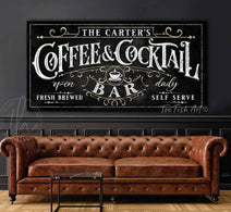 Custom Coffee & Cocktail Bar Personalized sign handmade by ToeFishArt. Original, custom, personalized wall decor signs. Canvas, Wood or Metal. Rustic modern farmhouse, cottagecore, vintage, retro, industrial, Americana, primitive, country, coastal, minimalist.
