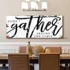 Come Gather Around the Table Sign handmade by ToeFishArt. Original, custom, personalized wall decor signs. Canvas, Wood or Metal. Rustic modern farmhouse, cottagecore, vintage, retro, industrial, Americana, primitive, country, coastal, minimalist.