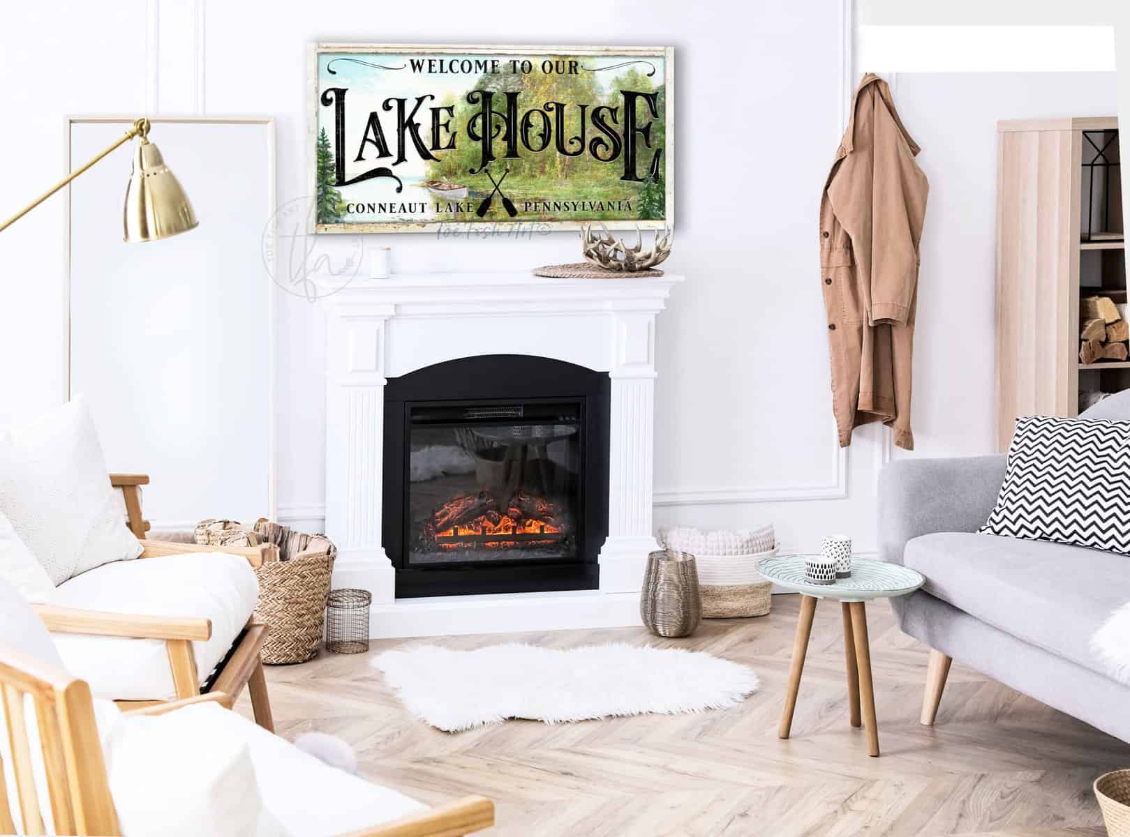Custom Personalized Lake House Nostalgic Scenery Artwork sign handmade by ToeFishArt. Original, custom, personalized wall decor signs. Canvas, Wood or Metal. Rustic modern farmhouse, cottagecore, vintage, retro, industrial, Americana, primitive, country, coastal, minimalist.