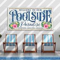 Toe Fish Art Personalized Poolside Paradise Sign Family Name and City State Location Canvas and Metal options handmade by ToeFishArt. Original, custom, personalized wall decor signs. Canvas, Wood or Metal. Rustic modern farmhouse, cottagecore, vintage, retro, industrial, Americana, primitive, country, coastal, minimalist.