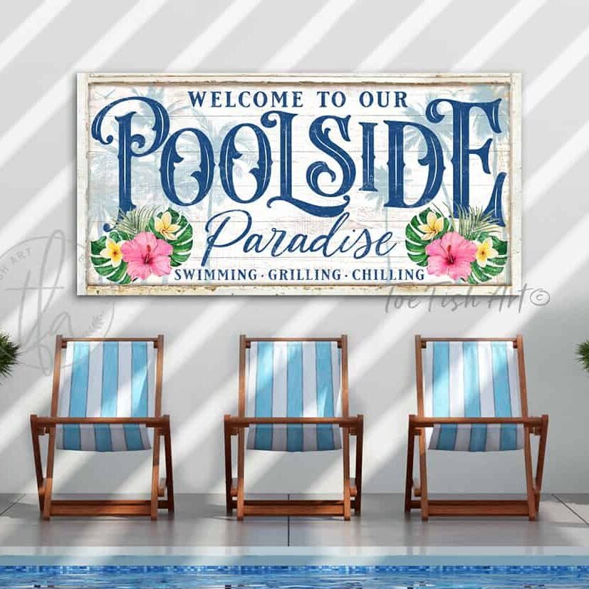 Toe Fish Art Personalized Poolside Paradise Sign Family Name and City State Location Canvas and Metal options handmade by ToeFishArt. Original, custom, personalized wall decor signs. Canvas, Wood or Metal. Rustic modern farmhouse, cottagecore, vintage, retro, industrial, Americana, primitive, country, coastal, minimalist.