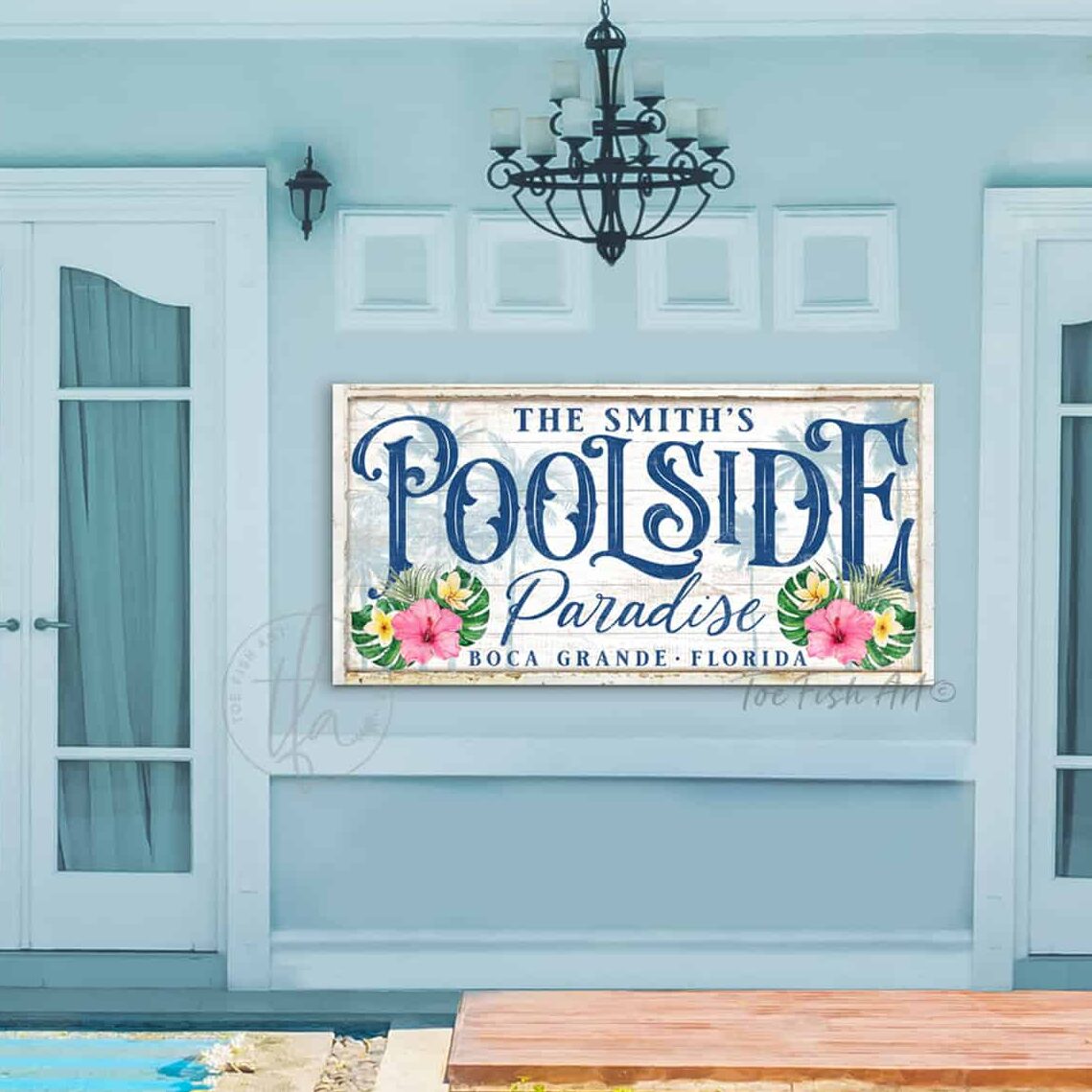 Toe Fish Art Personalized Poolside Paradise Sign Family Name and City State Location Canvas and Metal options handmade by ToeFishArt. Original, custom, personalized wall decor signs. Canvas, Wood or Metal. Rustic modern farmhouse, cottagecore, vintage, retro, industrial, Americana, primitive, country, coastal, minimalist.