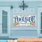 Toe Fish Art Personalized Poolside Paradise Sign Family Name and City State Location Canvas and Metal options handmade by ToeFishArt. Original, custom, personalized wall decor signs. Canvas, Wood or Metal. Rustic modern farmhouse, cottagecore, vintage, retro, industrial, Americana, primitive, country, coastal, minimalist.