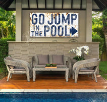 Toe Fish Art Go Jump in the Pool Sign Rustic Pool House Outside Patio Porch Deck Decor Bar Art Canvas OR Outdoor Metal Print handmade by ToeFishArt. Original, custom, personalized wall decor signs. Canvas, Wood or Metal. Rustic modern farmhouse, cottagecore, vintage, retro, industrial, Americana, primitive, country, coastal, minimalist.