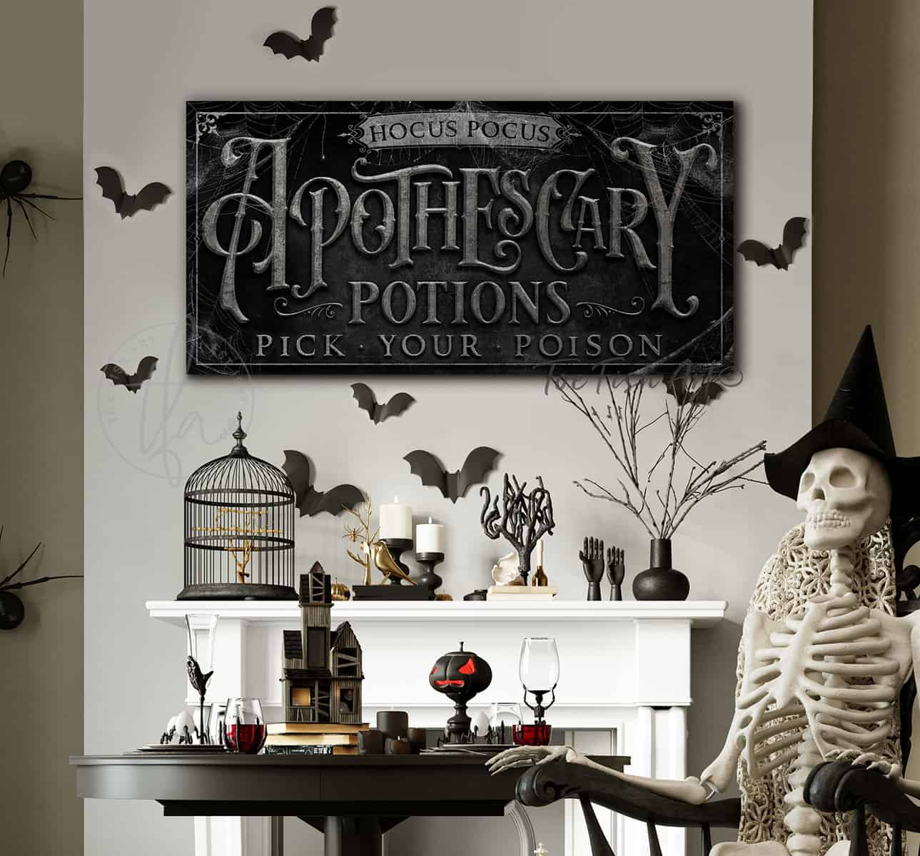 Personalized ApotheScary Potions Custom Halloween Decor Sign handmade by ToeFishArt. Original, custom, personalized wall decor signs. Canvas, Wood or Metal. Rustic modern farmhouse, cottagecore, vintage, retro, industrial, Americana, primitive, country, coastal, minimalist.