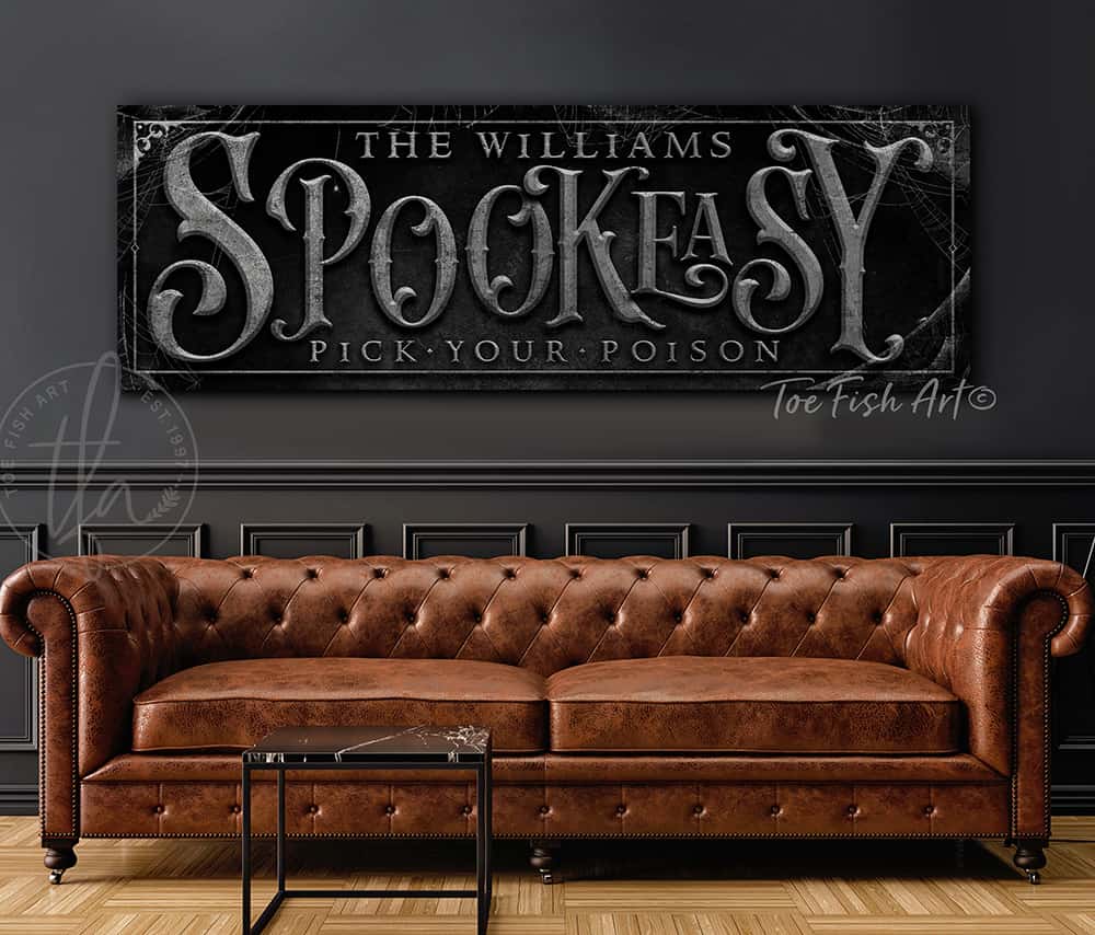 Spookeasy Custom Personalized Halloween Decoration sign handmade by ToeFishArt. Original, custom, personalized wall decor signs. Canvas, Wood or Metal. Rustic modern farmhouse, cottagecore, vintage, retro, industrial, Americana, primitive, country, coastal, minimalist.