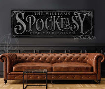 Spookeasy Custom Personalized Halloween Decoration sign handmade by ToeFishArt. Original, custom, personalized wall decor signs. Canvas, Wood or Metal. Rustic modern farmhouse, cottagecore, vintage, retro, industrial, Americana, primitive, country, coastal, minimalist.
