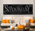 Spookeasy Custom Personalized Halloween Decoration sign handmade by ToeFishArt. Original, custom, personalized wall decor signs. Canvas, Wood or Metal. Rustic modern farmhouse, cottagecore, vintage, retro, industrial, Americana, primitive, country, coastal, minimalist.