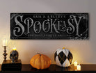 Spookeasy Custom Personalized Halloween Decoration handmade by ToeFishArt. Original, custom, personalized wall decor signs. Canvas, Wood or Metal. Rustic modern farmhouse, cottagecore, vintage, retro, industrial, Americana, primitive, country, coastal, minimalist.