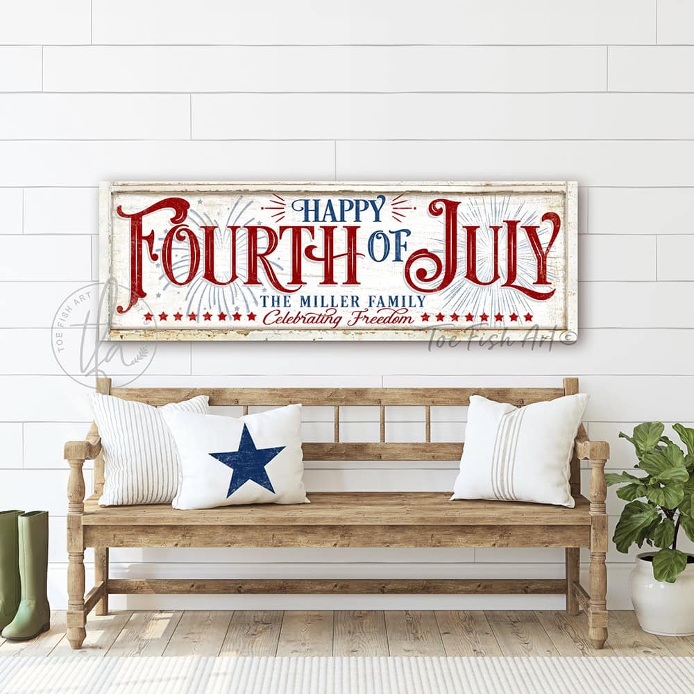 Toe Fish Art's personalized 'Happy Fourth of July' wall decor sign featuring a vintage-inspired design, and showcasing your family name with the phrase 'Celebrating Freedom.' This red, white, and blue Independence Day decoration is available in durable framed canvas, handmade in the USA from start to finish, perfect for enhancing your patriotic theme, July 4th parties, and summer decor. Built to last with genuine craftsmanship, this authentic sign adds rustic charm and heritage quality to any home.