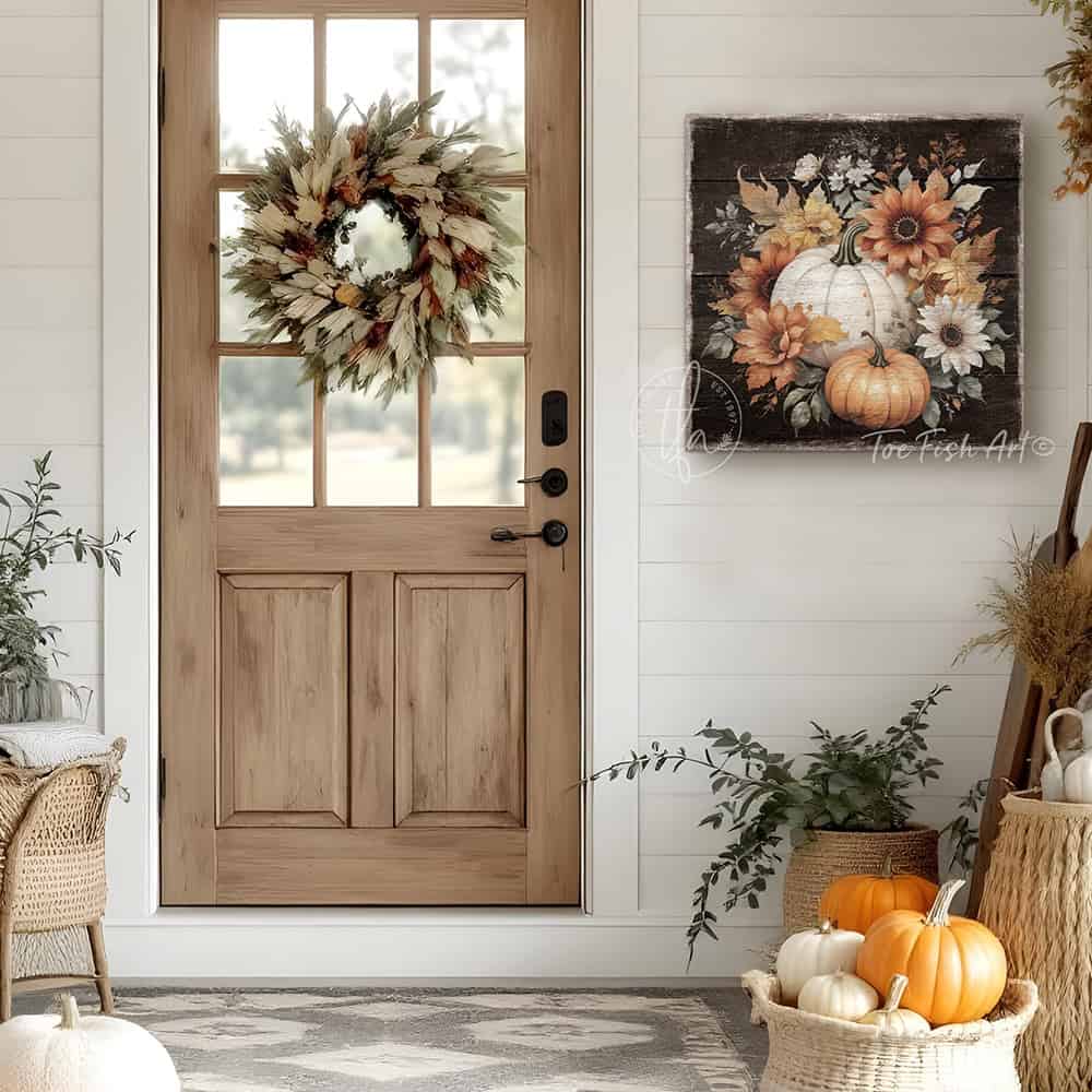 Vintage-inspired farmhouse style sign featuring white and orange heirloom pumpkins with autumn flowers. Toe Fish Art creates quality, artisan-made wall décor using American-sourced materials. Proudly made in the USA, each sign is built to last with heritage craftsmanship and rustic charm. Custom, timeless designs for indoor/outdoor spaces. Discover handcrafted American wall art at toefishart.com.