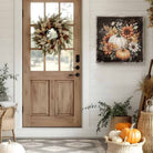 Vintage-inspired farmhouse style sign featuring white and orange heirloom pumpkins with autumn flowers. Toe Fish Art creates quality, artisan-made wall décor using American-sourced materials. Proudly made in the USA, each sign is built to last with heritage craftsmanship and rustic charm. Custom, timeless designs for indoor/outdoor spaces. Discover handcrafted American wall art at toefishart.com.