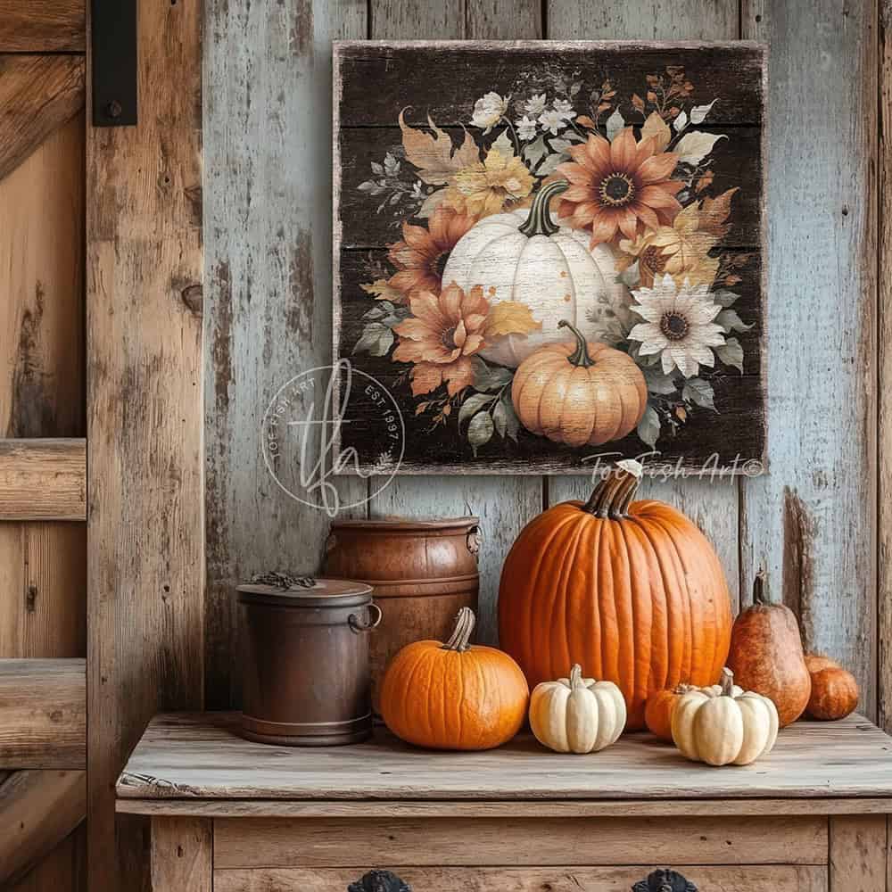 Vintage-inspired farmhouse style sign featuring white and orange heirloom pumpkins with autumn flowers. Toe Fish Art creates quality, artisan-made wall décor using American-sourced materials. Proudly made in the USA, each sign is built to last with heritage craftsmanship and rustic charm. Custom, timeless designs for indoor/outdoor spaces. Discover handcrafted American wall art at toefishart.com.