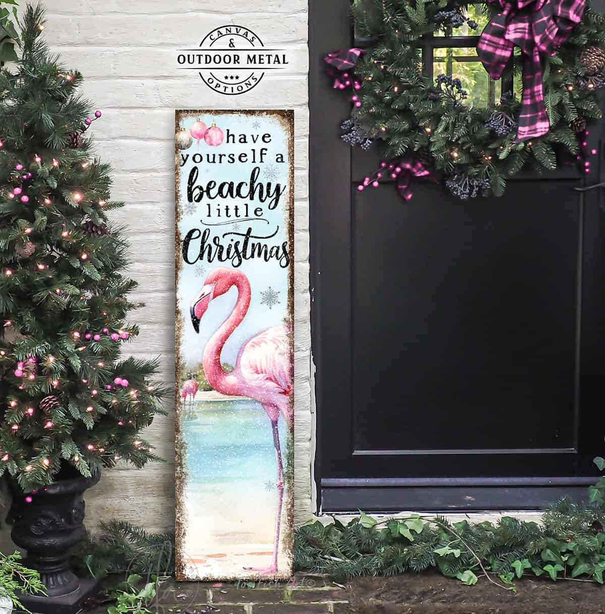 Have Yourself a Beachy Little Christmas Pink Flamingo Vertical Porch Entryway Front Door Welcome Holiday Decoration Canvas or Outdoor Metal Sign handmade by ToeFishArt. Original, custom, personalized wall decor signs. Canvas, Wood or Metal. Rustic modern farmhouse, cottagecore, vintage, retro, industrial, Americana, primitive, country, coastal, minimalist.