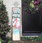 Have Yourself a Beachy Little Christmas Pink Flamingo Vertical Porch Entryway Front Door Welcome Holiday Decoration Canvas or Outdoor Metal Sign handmade by ToeFishArt. Original, custom, personalized wall decor signs. Canvas, Wood or Metal. Rustic modern farmhouse, cottagecore, vintage, retro, industrial, Americana, primitive, country, coastal, minimalist.