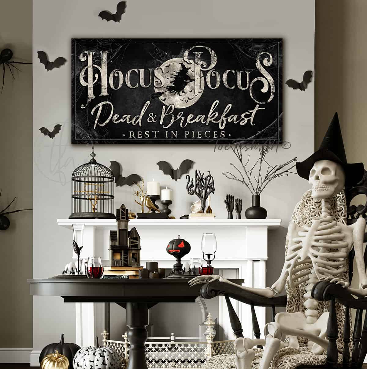 Personalized Hocus Pocus Dead & Breakfast Sign handmade by ToeFishArt. Original, custom, personalized wall decor signs. Canvas, Wood or Metal. Rustic modern farmhouse, cottagecore, vintage, retro, industrial, Americana, primitive, country, coastal, minimalist.