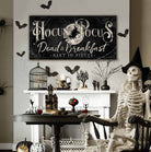 Personalized Hocus Pocus Dead & Breakfast Sign handmade by ToeFishArt. Original, custom, personalized wall decor signs. Canvas, Wood or Metal. Rustic modern farmhouse, cottagecore, vintage, retro, industrial, Americana, primitive, country, coastal, minimalist.