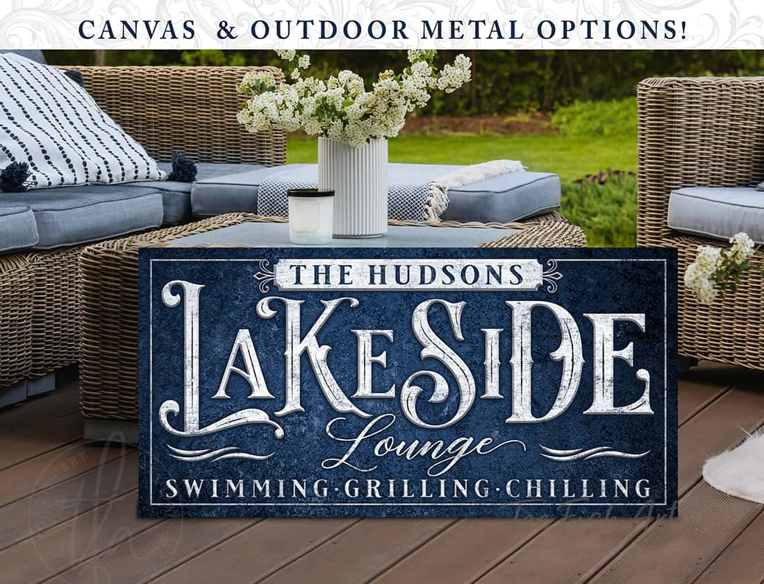 Personalized Lakeside Bar Sign handmade by ToeFishArt. Original, custom, personalized wall decor signs. Canvas, Wood or Metal. Rustic modern farmhouse, cottagecore, vintage, retro, industrial, Americana, primitive, country, coastal, minimalist.