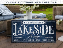Personalized Lakeside Bar Sign handmade by ToeFishArt. Original, custom, personalized wall decor signs. Canvas, Wood or Metal. Rustic modern farmhouse, cottagecore, vintage, retro, industrial, Americana, primitive, country, coastal, minimalist.