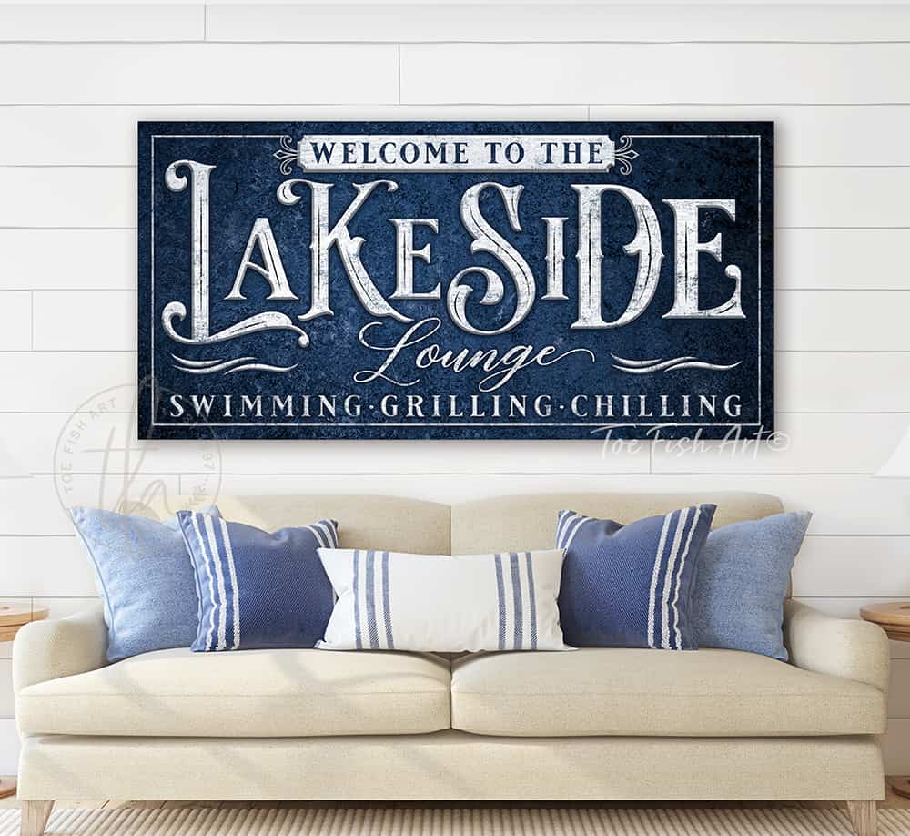 Personalized Lakeside Bar Sign handmade by ToeFishArt. Original, custom, personalized wall decor signs. Canvas, Wood or Metal. Rustic modern farmhouse, cottagecore, vintage, retro, industrial, Americana, primitive, country, coastal, minimalist.