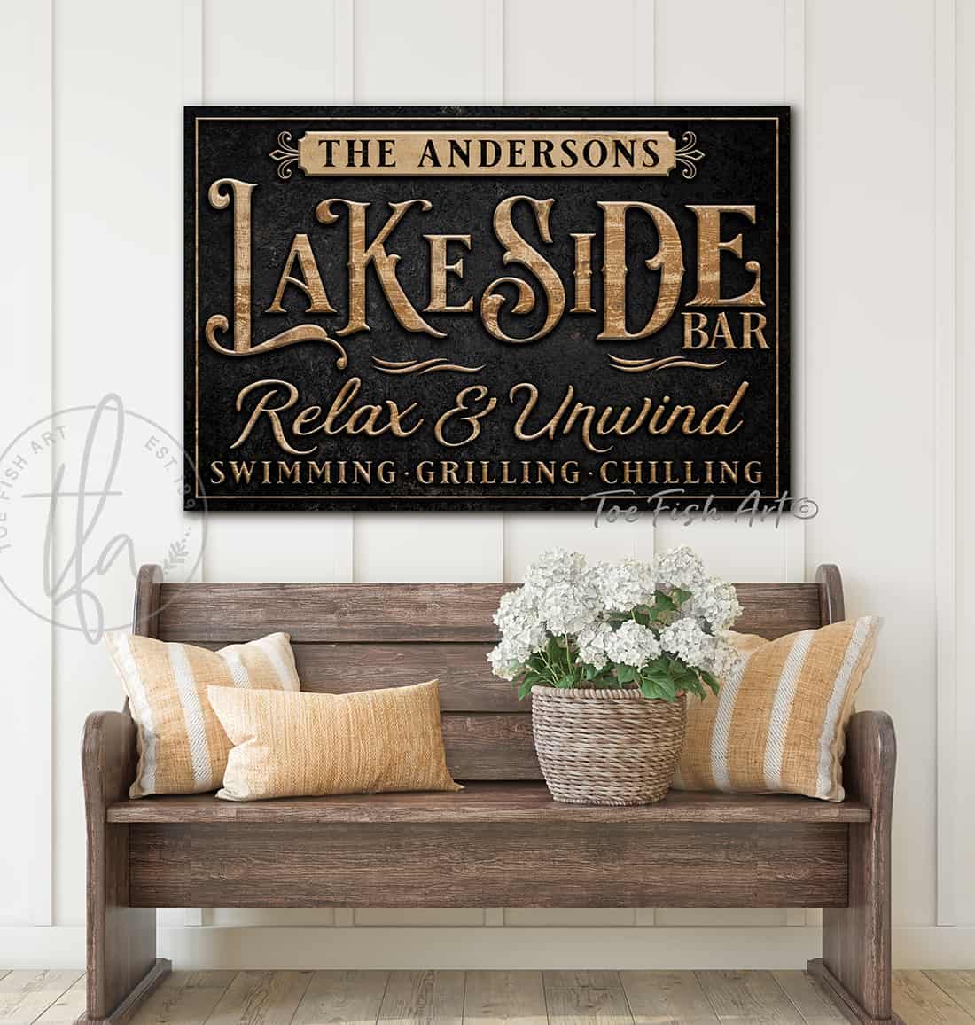 Personalized Lakeside Bar Sign handmade by ToeFishArt. Original, custom, personalized wall decor signs. Canvas, Wood or Metal. Rustic modern farmhouse, cottagecore, vintage, retro, industrial, Americana, primitive, country, coastal, minimalist.