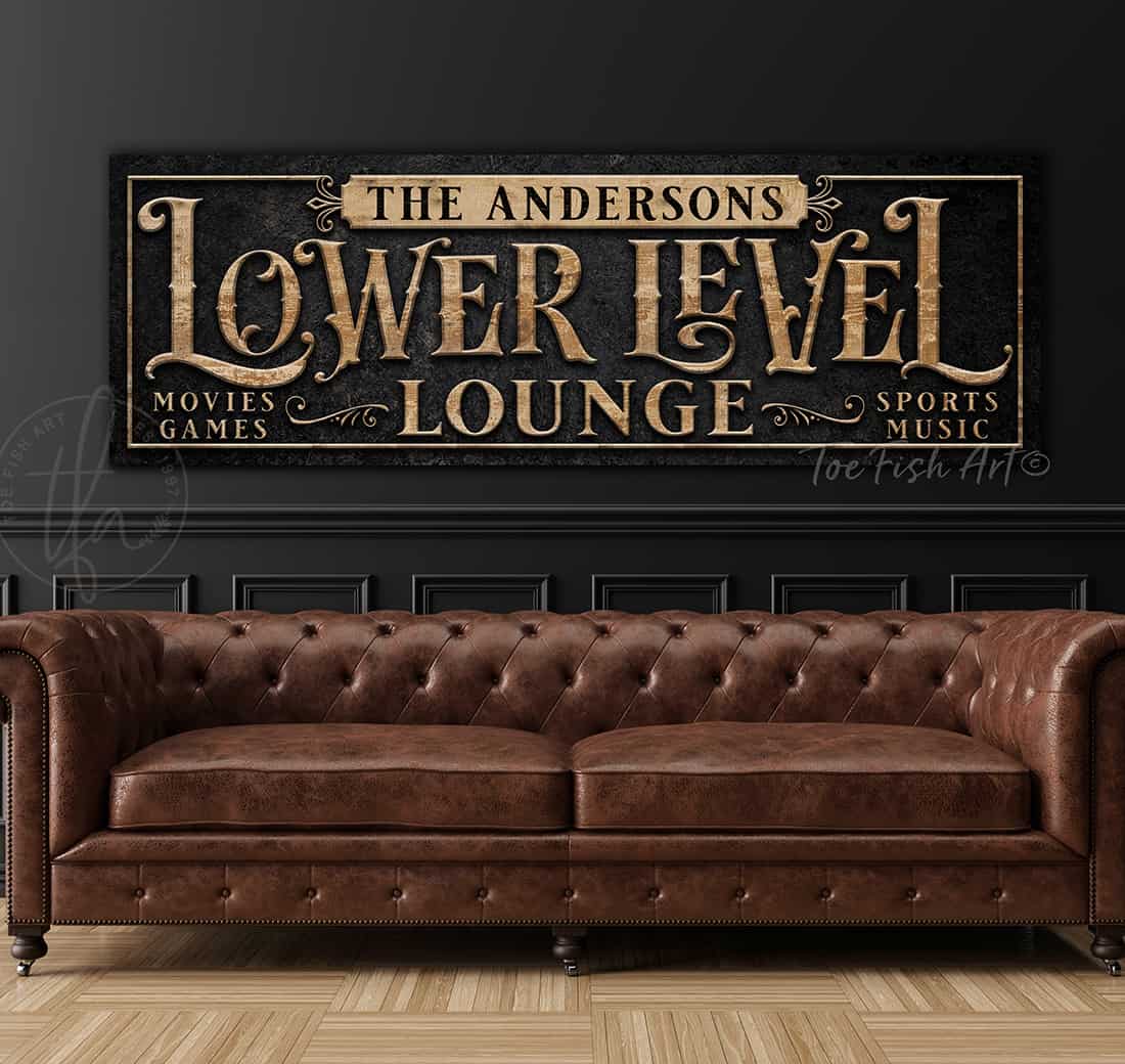 Personalized Lower Level Lounge Sign handmade by ToeFishArt. Original, custom, personalized wall decor signs. Canvas, Wood or Metal. Rustic modern farmhouse, cottagecore, vintage, retro, industrial, Americana, primitive, country, coastal, minimalist.