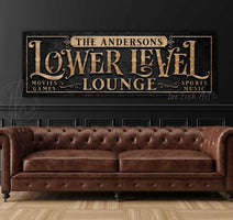 Personalized Lower Level Lounge Sign handmade by ToeFishArt. Original, custom, personalized wall decor signs. Canvas, Wood or Metal. Rustic modern farmhouse, cottagecore, vintage, retro, industrial, Americana, primitive, country, coastal, minimalist.
