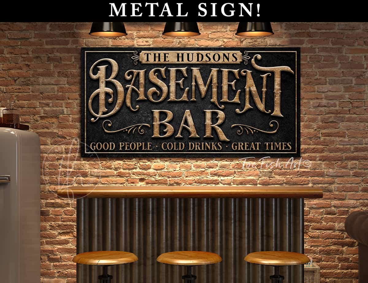 Toe Fish Art Personalized Basement Bar Sign Custom Family Name Sign handmade by ToeFishArt. Original, custom, personalized wall decor signs. Canvas, Wood or Metal. Rustic modern farmhouse, cottagecore, vintage, retro, industrial, Americana, primitive, country, coastal, minimalist.