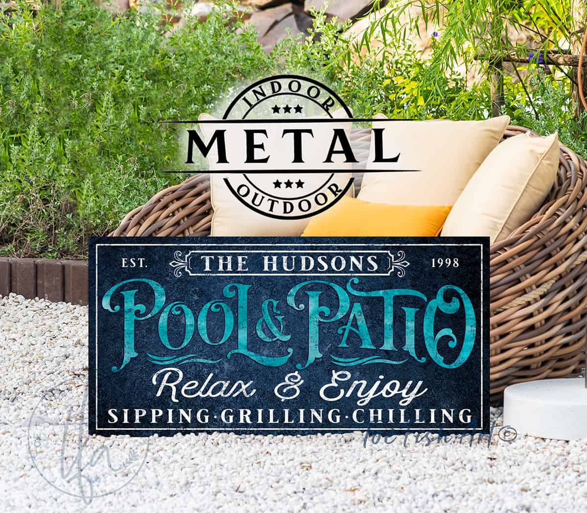 Pool & Patio Personalized Sign handmade by ToeFishArt. Original, custom, personalized wall decor signs. Canvas, Wood or Metal. Rustic modern farmhouse, cottagecore, vintage, retro, industrial, Americana, primitive, country, coastal, minimalist.