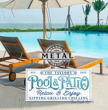 Pool & Patio Personalized Sign handmade by ToeFishArt. Original, custom, personalized wall decor signs. Canvas, Wood or Metal. Rustic modern farmhouse, cottagecore, vintage, retro, industrial, Americana, primitive, country, coastal, minimalist.