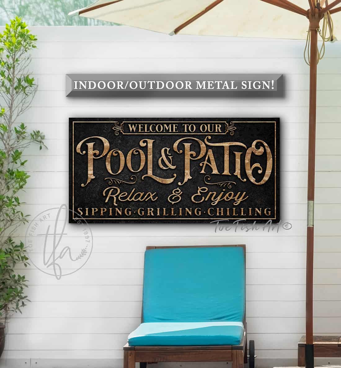 Pool & Patio Personalized Sign handmade by ToeFishArt. Original, custom, personalized wall decor signs. Canvas, Wood or Metal. Rustic modern farmhouse, cottagecore, vintage, retro, industrial, Americana, primitive, country, coastal, minimalist.