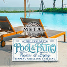 Pool & Patio Personalized Sign handmade by ToeFishArt. Original, custom, personalized wall decor signs. Canvas, Wood or Metal. Rustic modern farmhouse, cottagecore, vintage, retro, industrial, Americana, primitive, country, coastal, minimalist.