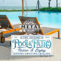 Available in multiple colors and sizes, this top selling Toe Fish Art Personalized Pool & Patio sign combines durability and style. Its solid aluminum construction is waterproof, rustproof, and built to withstand the elements, making it perfect for poolside, patios, and outdoor entertainment. Be surrounded by decor you LOVE! Toe Fish Art makes artisan wall art with American materials. Proudly Made in the USA, each piece is expertly constructed with genuine craftsmanship, heritage quality, and rustic charm.