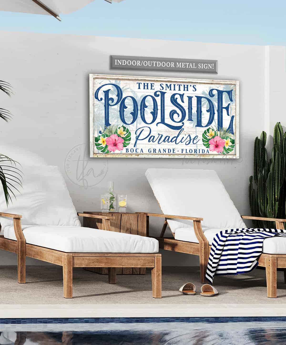 Toe Fish Art Personalized Poolside Paradise Sign Family Name and City State Location Canvas and Metal options handmade by ToeFishArt. Original, custom, personalized wall decor signs. Canvas, Wood or Metal. Rustic modern farmhouse, cottagecore, vintage, retro, industrial, Americana, primitive, country, coastal, minimalist.