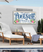 Toe Fish Art Personalized Poolside Paradise Sign Family Name and City State Location Canvas and Metal options handmade by ToeFishArt. Original, custom, personalized wall decor signs. Canvas, Wood or Metal. Rustic modern farmhouse, cottagecore, vintage, retro, industrial, Americana, primitive, country, coastal, minimalist.