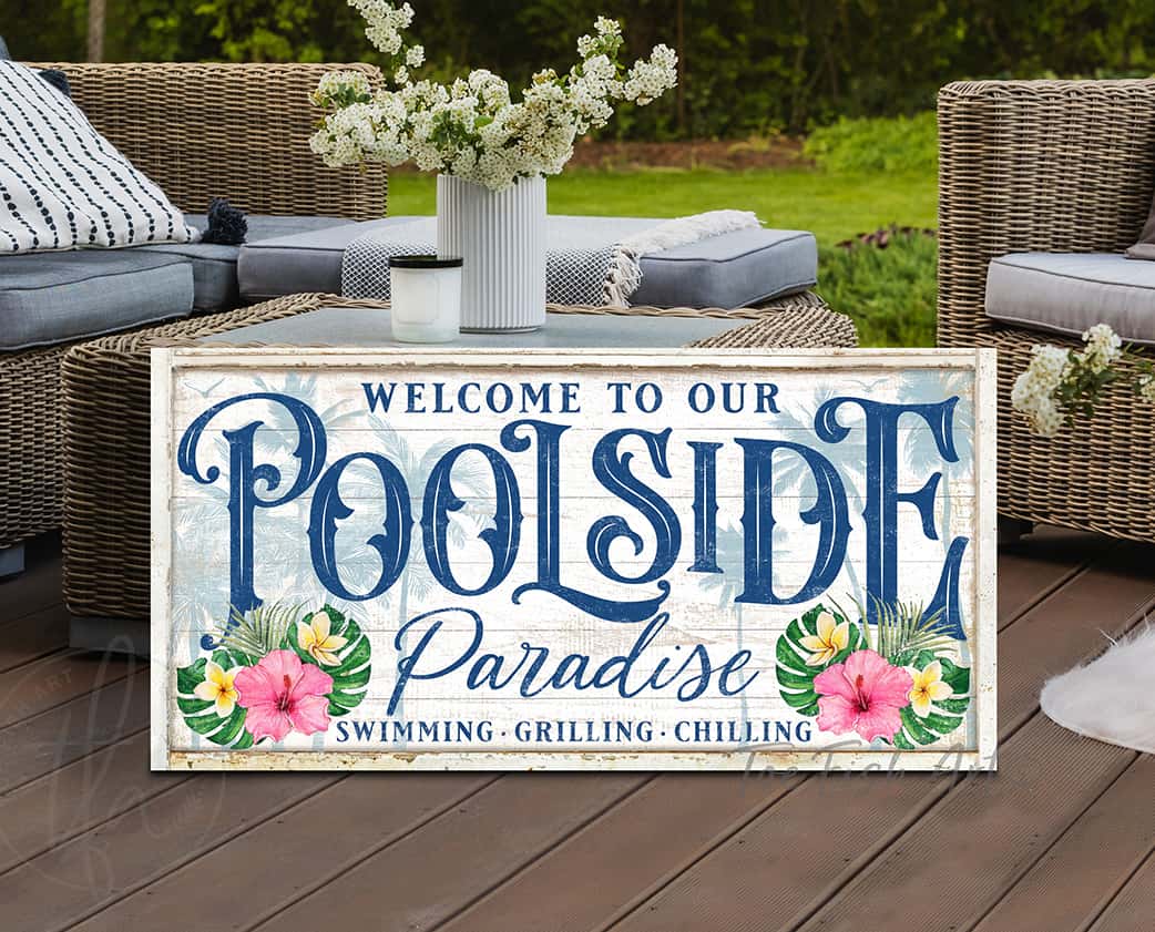 Toe Fish Art Personalized Poolside Paradise Sign Family Name and City State Location Canvas and Metal options handmade by ToeFishArt. Original, custom, personalized wall decor signs. Canvas, Wood or Metal. Rustic modern farmhouse, cottagecore, vintage, retro, industrial, Americana, primitive, country, coastal, minimalist.