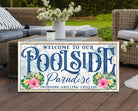 Toe Fish Art Personalized Poolside Paradise Sign Family Name and City State Location Canvas and Metal options handmade by ToeFishArt. Original, custom, personalized wall decor signs. Canvas, Wood or Metal. Rustic modern farmhouse, cottagecore, vintage, retro, industrial, Americana, primitive, country, coastal, minimalist.