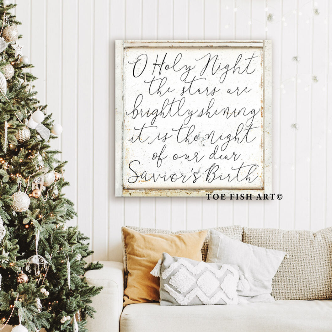 O Holy Night Sign handmade by ToeFishArt. Original, custom, personalized wall decor signs. Canvas, Wood or Metal. Rustic modern farmhouse, cottagecore, vintage, retro, industrial, Americana, primitive, country, coastal, minimalist.