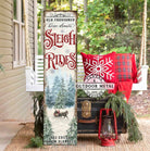 Old Fashioned Horse Drawn Sleigh Rides Vertical Porch Front Door Entryway Welcome Holiday Winter Seasonal Decoration Canvas or Outdoor Metal Sign handmade by ToeFishArt. Original, custom, personalized wall decor signs. Canvas, Wood or Metal. Rustic modern farmhouse, cottagecore, vintage, retro, industrial, Americana, primitive, country, coastal, minimalist.